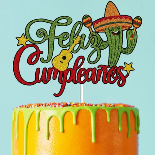 Vista 4 de Cactus Feliz Cumpleaños - Decoración para tartas verde y rojo con purpurina mexicana, feliz cumpleaños, fiesta temática española, suministros