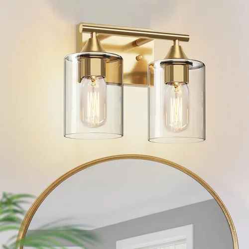 Vista 8 de Luces de Tocador Doradas para Baño, Accesorios de Iluminación de Baño de 2 Luces, Aplique de Pared de Latón Cepillado Dorado, Lámpara de Pared