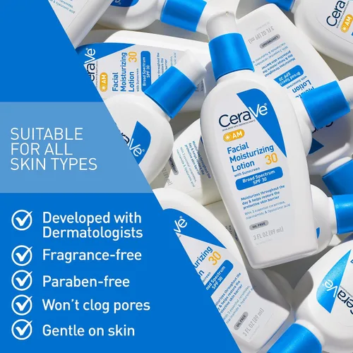 Vista 4 de CeraVe AM Loción hidratante facial con SPF 30, hidratante facial sin aceite con SPF, formulado con ácido hialurónico, niacinamida y ceramidas,