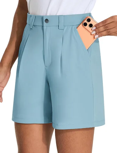 Vista 7 de KPSUN Bermudas de golf de 5 pulgadas para mujer, elásticas, ligeras, con bolsillos, cierre de botón, para trabajo casual de verano
