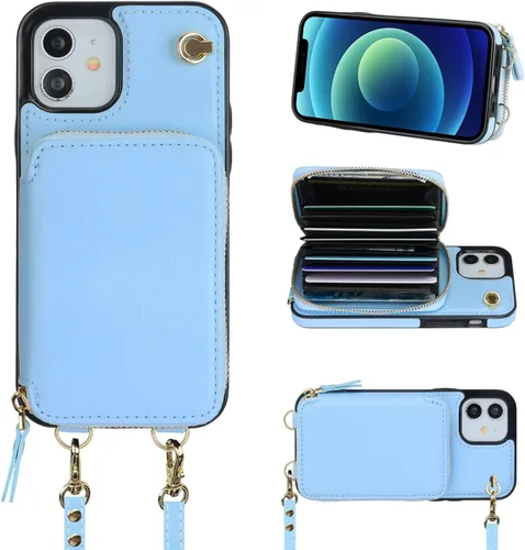 Vista 15 de Bocasal Funda tipo cartera cruzada para iPhone 12/12 Pro, funda de piel con bloqueo RFID y soporte para tarjetas, funda protectora con cremallera