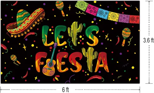 Vista 2 de Telón de fondo negro de Let's Fiesta Mexicana, 6 x 3.6 pies, decoración de fiesta de Let's Fiesta Luau Cinco de Mayo, decoración de cumpleaños