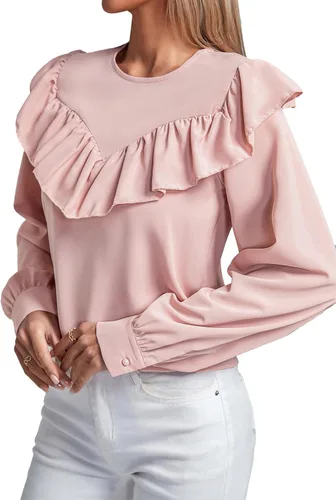 Vista 5 de LYANER Blusa de manga larga con cuello redondo y volantes para mujer