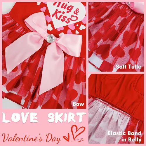 Vista 5 de cyeollo - Vestido de San Valentín para perro, traje de tul con estampado de corazón, con clip de lazo, talla XS Soft Breathable Fabric