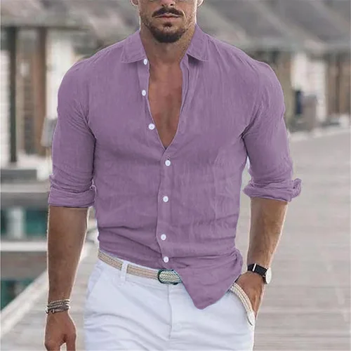 Vista 2 de Camisa de algodón y lino con botones para hombre, cuello de solapa de manga larga, estilo hippie casual para ropa de playa