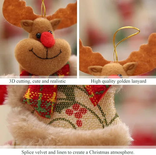 Vista 6 de iDIY Adornos de peluche de Navidad, juego de 4 colgantes de Papá Noel, muñeco de nieve, alce y oso para temporada festiva