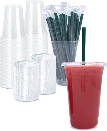 Vista 11 de [50 juegos] Vasos de plástico transparente de 12 onzas con tapas y popotes, tazas desechables para café helado con tapas, tazas transparentes