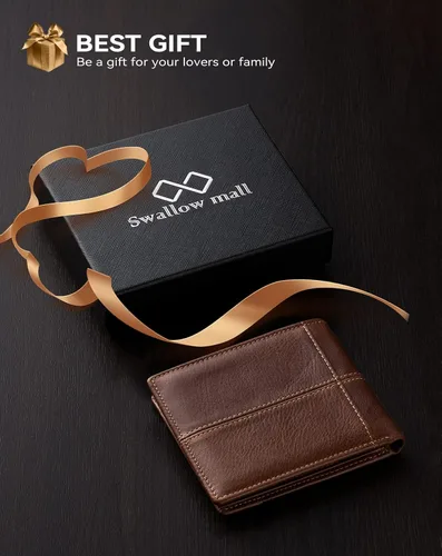 Vista 7 de Swallowmall Mens Wallet RFID-Blocking Genuine Leather Slim Bifold Wallets for Men Leather Wallets Minimalist Front Pocket ID Window 8 Cards Holders