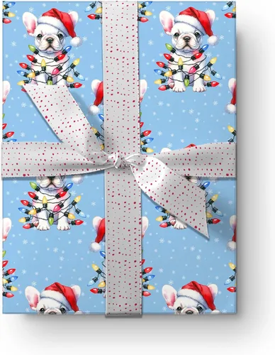 Vista 6 de Lindas luces de Navidad, papel de regalo de bulldog francés de Navidad, decoración de Navidad con temática de perro cachorro