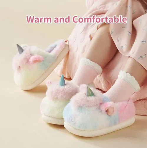 Vista 5 de Yooname Cute Unicorn Dinosaur Plush Warm Slippers for Kids Toddlers Girls Boys, Winter Cozy House Non-slip Slippers for Indoor Outdoor,Unicorn Gift