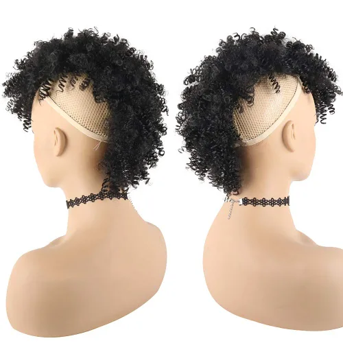 Vista 3 de KRSI Cola de caballo de pelo alto afro con flequillo, moño sintético rizado Mohawk Kinkys rizado cola de caballo con clip en colas de caballo