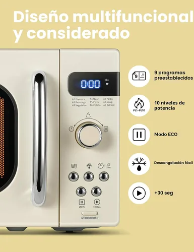 Vista 2 de COMFEE' Horno de microondas pequeño retro con tamaño compacto, 9 menús preestablecidos, plato giratorio con memoria de posición, función