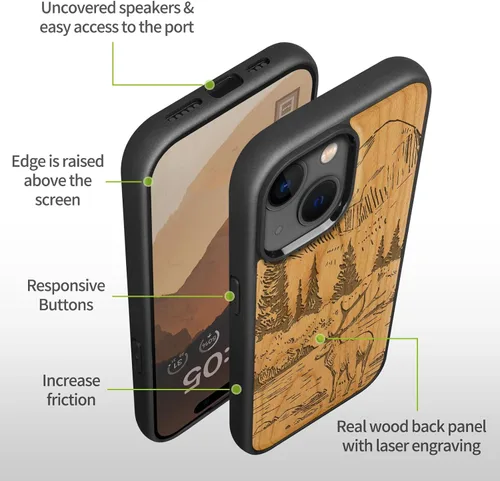 Vista 7 de Carveit Funda magnética de madera para iPhone 15, compatible con cargadores inalámbricos MagSafe, funda negra de TPU suave a prueba de golpes