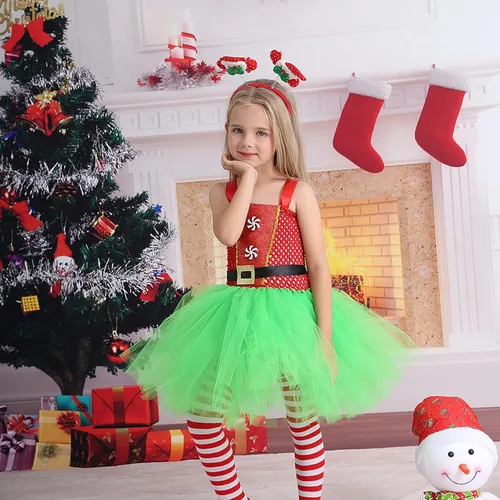 Vista 4 de BBAUER Cute Puffy Tulle Xmass Outfit,Christmas Girls Santa Costume with Hairband and Sock, Tutu Santa Costume Cosplay Outfit