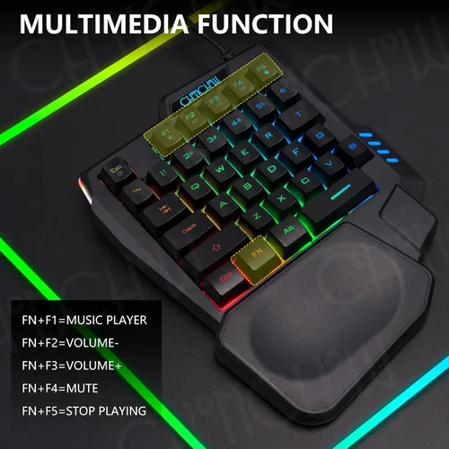 Vista 6 de CHONCHOW Teclado para juegos con una sola mano, 35 teclas, LED arcoíris, USB con cable, ergonómico con reposamuñecas, mini portátil, compatible