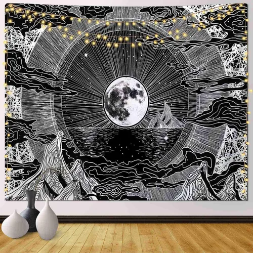 Vista 18 de Neapth Tapiz de sol para decoración de dormitorio y dormitorio, arte de pared blanco y negro, sol y luna, 59 x 59 pulgadas 1 Montaña del Sol