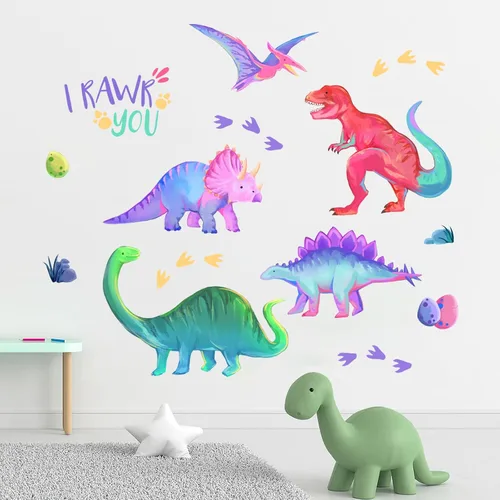 Vista 7 de Yovkky Calcomanías inspiradoras de pared de dinosaurio degradado pastel, con cita motivacional de dinosaurio, decoración neutra para guardería