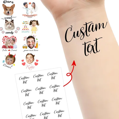 Vista 25 de Tatuajes personalizados temporales personalizados temporales con nombre, logotipo, foto facial para adultos, boda, cumpleaños, San Valentín