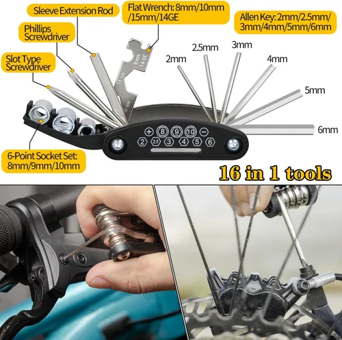 Vista 3 de Kit de reparación de bicicletas, kit de herramientas de reparación de neumáticos de bicicleta, incluye bomba de neumáticos de bicicleta