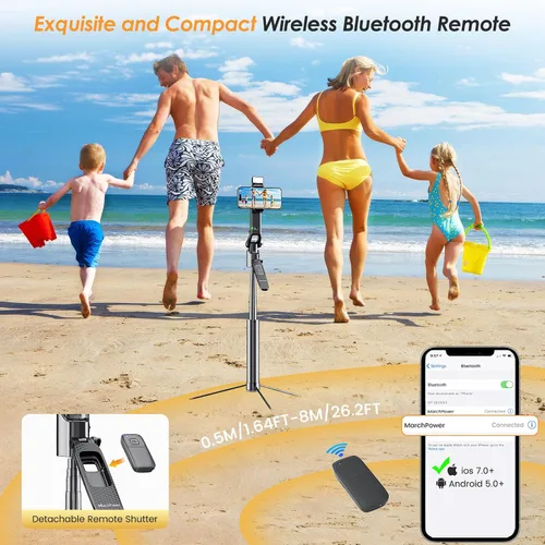 Vista 5 de Marchpower Trípode de seguimiento automático remoto de 63 pulgadas con rotación de 360° para iPhone con luz, soporte de trípode para teléfono