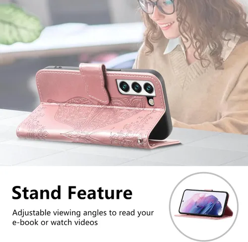 Vista 5 de DiGPlus - Funda tipo cartera para Galaxy S22 5G, con estampado de mariposas y flores, de piel sintética, con ranuras para tarjetas y función atril