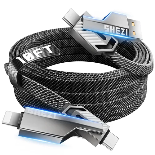 Vista 10 de SHEZI [Actualizado 2.0] 4-en-1 Cable USB C Corto 60W 0.6 Pies Carga Rápida [Sincronización de Datos 480Mbps] Cargador Combo de Cordón Plano Trenzado