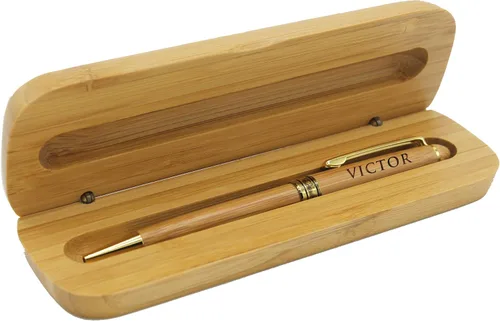 Vista 3 de My Personal Memories Bolígrafo personalizado con estuche monogramado, juego de bolígrafos grabados personalizados para hombres y mujeres (bambú)