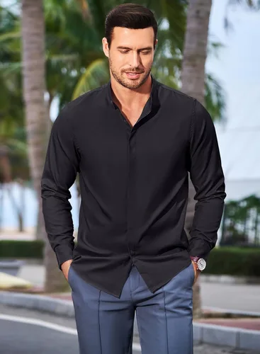 Vista 8 de JMIERR Mens Banded Collar Dress Shirts Casual Long Sleeve Mandarin Collar Button Down Shirt