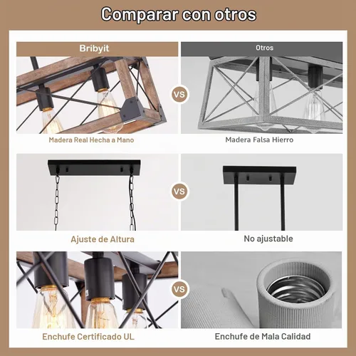 Vista 3 de Iluminación de Isla de Cocina Estilo Granja, Lámpara de Comedor de 5 Luces, Candelabro Lineal Estilo Granja con Madera Maciza para Comedor Cocina