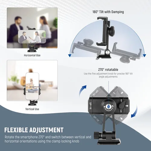 Vista 4 de Adaptador de montaje de trípode para teléfono Neewer con base tipo Arca QR, zapata fría, agujeros de 1/4" y 3/8", giro de 360° y inclinación