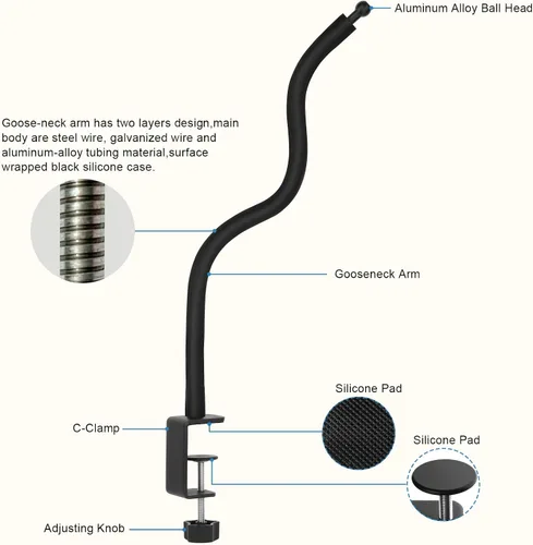 Vista 2 de Soporte para iPad de cuello de cisne, soporte de abrazadera para tableta, escritorio, mesa, cama, silla, atril, brazo ajustable de 360° para cocina