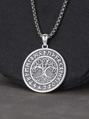 Vista 3 de Collar vikingo para hombre, plata de ley 925, lobo vikingo, martillo de Thors, vegvisir, árbol de la vida, brújula, colgante nórdico, amuleto