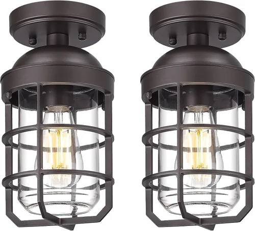 Vista 9 de Emliviar Lámpara de techo estilo granja, luz semiempotrada vintage para interior, luz de seguridad con vidrio templado transparente, acabado