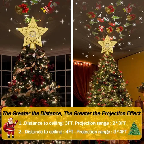 Vista 3 de AOMIL Adorno para la punta del árbol de Navidad, proyector de patrón giratorio 3D para adorno de árbol de Navidad, diseño hueco, decoraciones