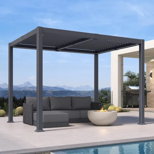 Vista 2 de PURPLE LEAF Pérgola con listones 92KS de 8 x 10 pies con tira LED regulable solar integrada, techo ajustable de aluminio a prueba de lluvia