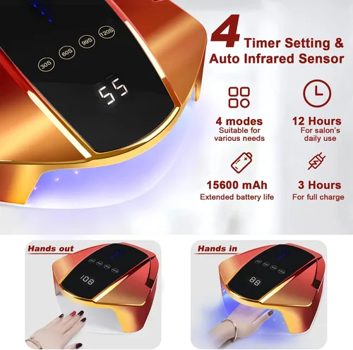 Vista 3 de Lámpara de uñas LED inalámbrica de 96 W con mango portátil, lámpara UV de curado profesional para uñas de gel, sensor infrarrojo automático y 4