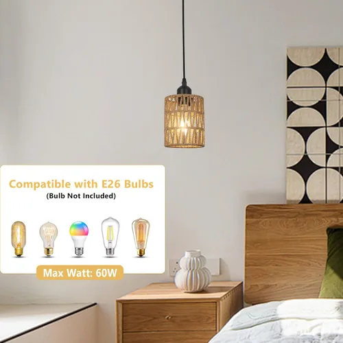 Vista 6 de LAMSU Lámparas colgantes de ratán de 1 luz, iluminación colgante bohemia de granja con pantalla tejida a mano de 4.7×5.9 pulgadas, pequeña lámpara