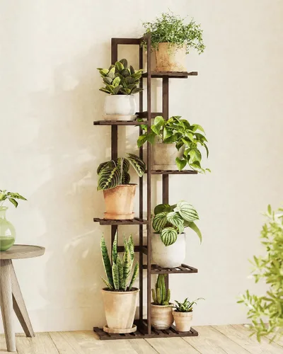 Vista 8 de Bamworld Soporte de bambú para plantas de interior con 6 niveles, estante de plantas de exterior, soporte de esquina para múltiples plantas, soporte