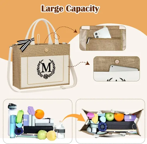 Vista 5 de TOPEAST Regalos personalizados para mujer Bolsa de lona de yute con bolsillos interiores y frontales, regalos para madre de la novia para boda