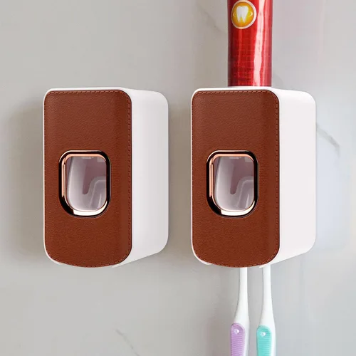 Vista 34 de Soporte de plástico para cepillos de dientes de 2 ranuras y dispensador de pasta de dientes montado en la pared, exprimidor automático de pasta