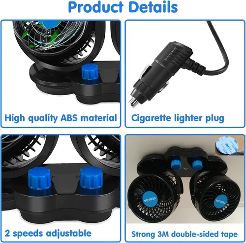 Vista 5 de Yerloa Ventilador de coche eléctrico de 12 V, ventilador portátil para automóvil, doble cabeza, rotación de 360 grados, ventilador de aire