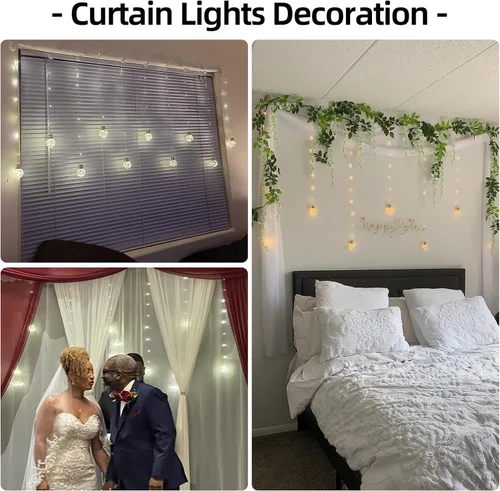 Vista 2 de Dailyart Luces LED para dormitorio, 300 luces LED de cortina de bola de deseos, 8 modos, USB / funciona con pilas, luces de hadas con control remoto