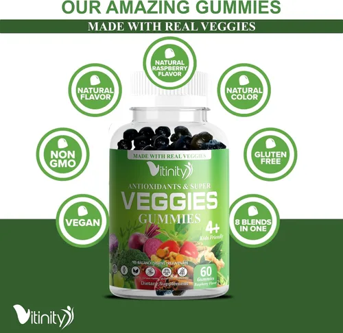 Vista 4 de VITINITY Super Greens - Gomitas multivitamínicas Hechas con 30 superalimentos reales, verduras, hierbas, frutas para adultos y niños para aumentar