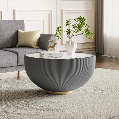 Vista 18 de Mesa auxiliar redonda moderna, mesa auxiliar de sofá de mármol sintético con base cubierta de cuero sintético en forma de cuenco, mesa auxiliar En