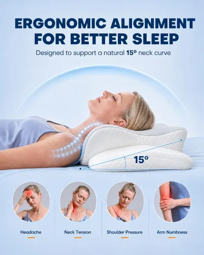 Vista 3 de Cervical Neck Pillow for Sleeping, Memory Foam Pillow with Ergonomic Contour Neck & Shoulder Support, Orthopedic Cervical Pillow for Side, Back &