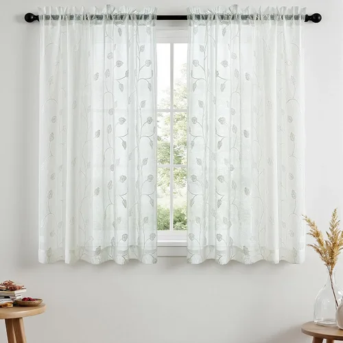 Vista 41 de VISIONTEX 2 paneles de cortinas traslúcidas de 63 in de largo, cortinas de gasa semitransparentes bordadas con hojas florales beige, bolsillo