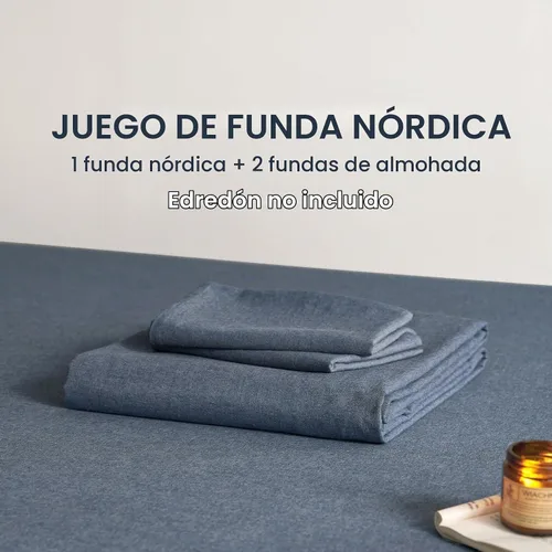 Vista 2 de Wake In Cloud – Juego de funda de edredón de algodón, tamaño individual, azul denim cambray, 100% algodón lavado, con textura parecida al lino