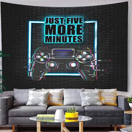 Vista 2 de Tapiz de juegos para decoración de sala de juegos, decoración de pared para colgar en la pared, solo cinco minutos más, tapices frescos de luz negra