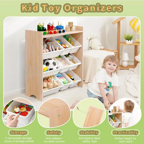 Vista 6 de MallBest Organizador de juguetes para niños con 9 contenedores – Estante de almacenamiento de 4 niveles 100% madera maciza para sala