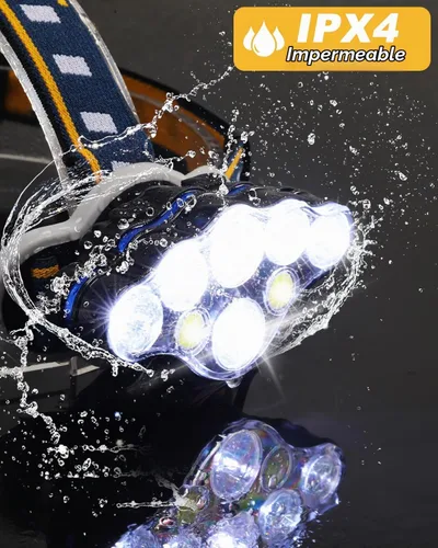 Vista 4 de Linterna frontal recargable, linterna frontal LED de 8 LED 18000 lúmenes 8 modos con luces blancas y rojas cable USB, lámpara de cabeza impermeable
